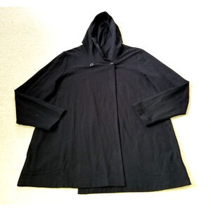 Womens Jacket-PURE JILL by J JILL-black cotton jersey hooded snaps offset Arty-L